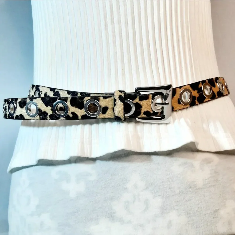 Womens Leopard Print Hairy Faux Leather Belt Size Large Big Grommets